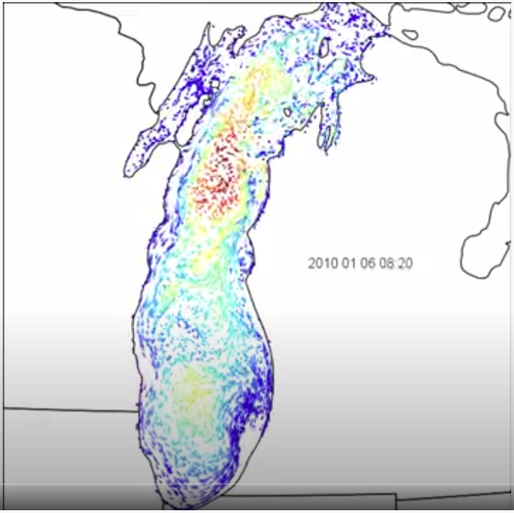 Still from animated dots circulating in Lake Michigan